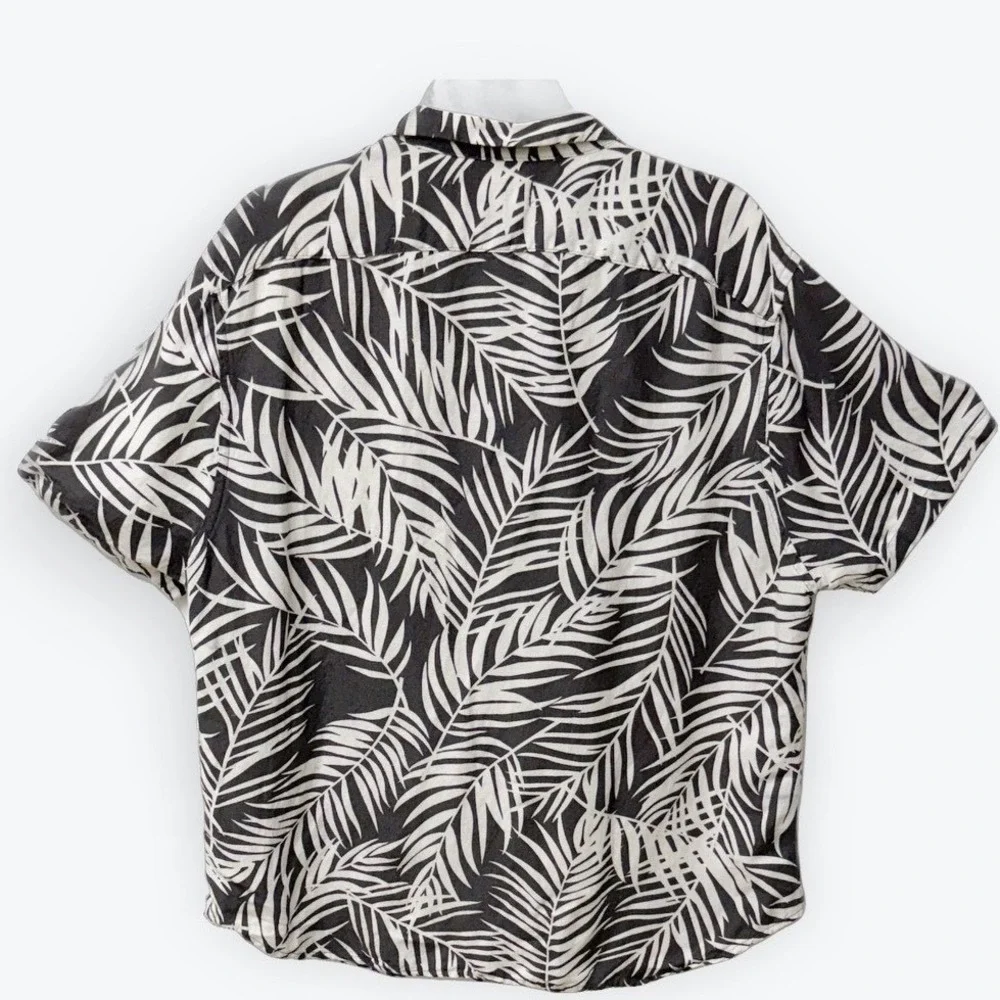 Madewell Mens Large Black White Tropical Palm Leaf Linen Blend Camp Shirt L‎